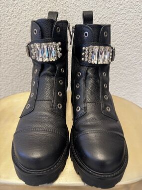 Karl Lagerfeld Paris Black Leather Crystal Buckle Combat Boots 8.5